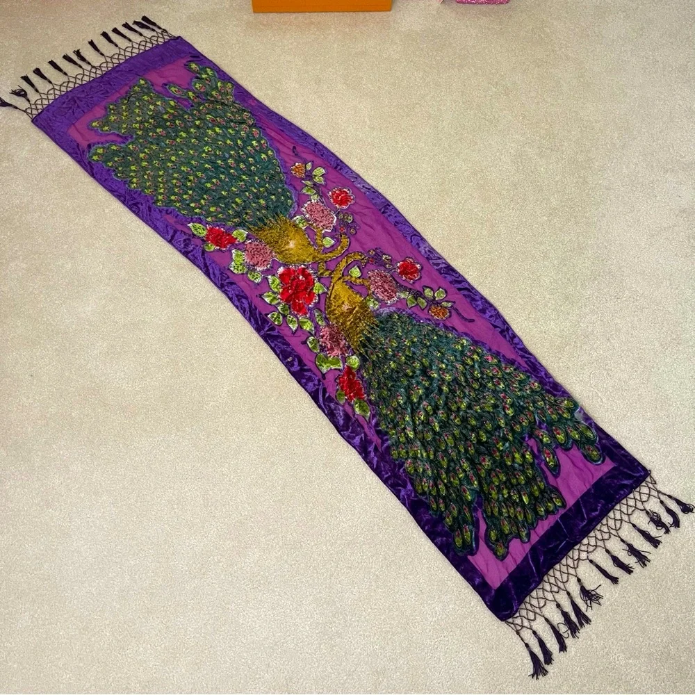 Peacock Velvet Silk Blend Burnout Wrap Scarf Shawl - beaded vintage purple - Picture 1 of 15